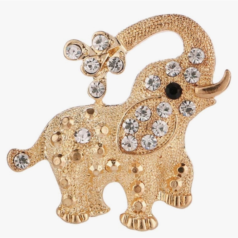 Gold Elephant Brooch with Rhinestones, New